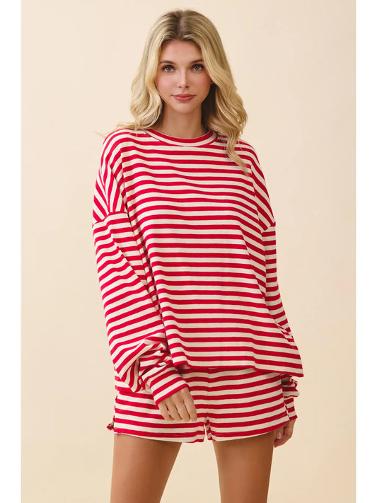 Striped Drop Shoulder Top & Shorts Set