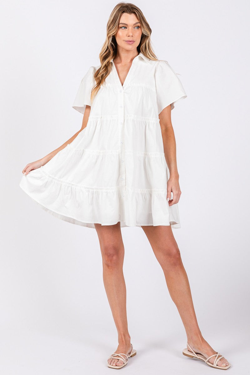 Ruffle Short Sleeve Tiered Shirt Dress