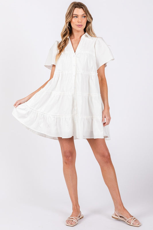Ruffle Short Sleeve Tiered Shirt Dress