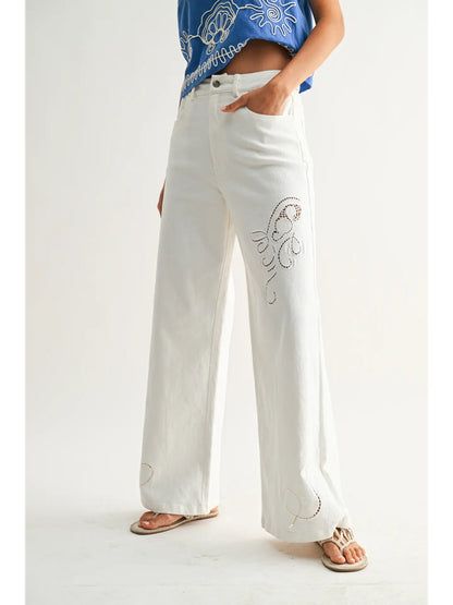 Embroidered Wide Leg Trouser